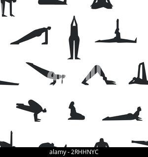 Pattern vettoriale senza cuciture con pose fitness. Collezione piatta isolata con donne iispaniche, afroamericane ed europee che fanno esercizi di yoga come AS Illustrazione Vettoriale