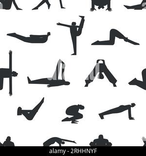 Pattern vettoriale senza cuciture con pose fitness. Collezione piatta isolata con donne iispaniche, afroamericane ed europee che fanno esercizi come lo yoga Illustrazione Vettoriale