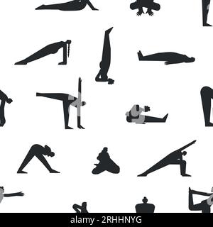 Pattern vettoriale senza cuciture con pose fitness. Collezione piatta monocromatica isolata con donne iispaniche, afroamericane ed europee che fanno yoga exerci Illustrazione Vettoriale