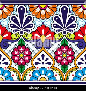Ceramica o ceramiche messicane Talavera ispirate a motivi vettoriali senza cuciture con fiori e foglie - arte popolare messicana Illustrazione Vettoriale