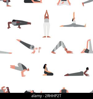 Pattern vettoriale senza cuciture con pose fitness. Collezione piatta monocromatica isolata con donne iispaniche, africane, asain ed europee che fanno esercizi di yoga Illustrazione Vettoriale