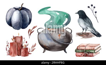 Set di elementi magici disegnati a mano isolati su sfondo bianco. Calderone con pozione, candela, corvo e simboli magici. Illustrazione per Halloween d Foto Stock