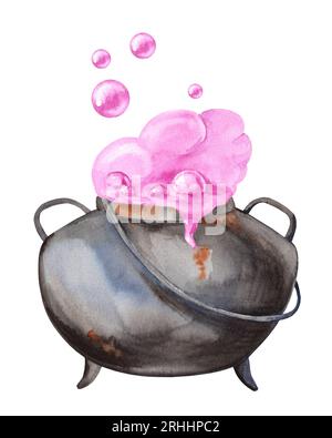 Calderone acquerello con pozione di Halloween. Scuola di magia e streghe. Immagine isolata su sfondo bianco. Ideale per carte, inviti e sc Foto Stock