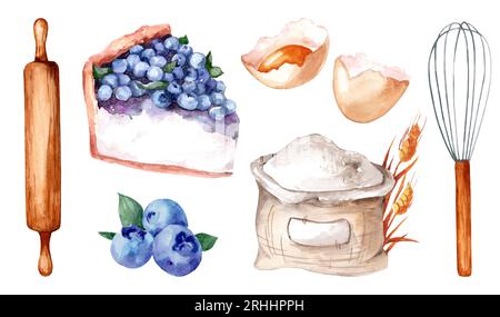 serie di illustrazioni ad acquerello di cottura in forno per una pasticceria. Cheesecake con mirtilli e ingredienti per una ricetta isolata su sfondo bianco. Foto Stock