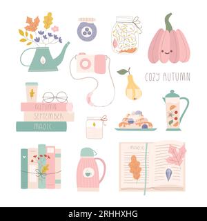 Carino e accogliente set di illustrazioni autunnali. Clipart vettoriale con zucca, libri, candele, teiera, scatola, macchina fotografica, marmellata, dolce, fiori per adesivi, biglietto Illustrazione Vettoriale