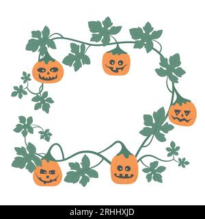 Halloween mostri di zucca orizzontali, cornice fogliame. Illustrazione vettoriale per la festa di ottobre, post. Illustrazione Vettoriale