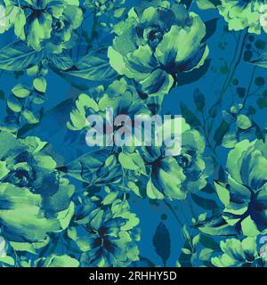 Motivo senza cuciture di fiori verdi con foglie pronto per le stampe tessili. Foto Stock