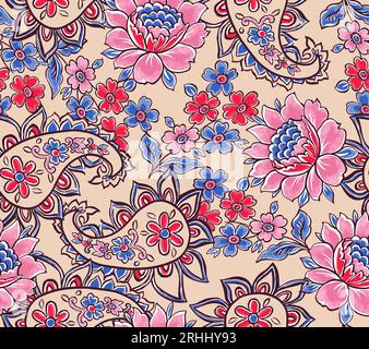 Splendido motivo floreale disegnato a mano con stampe Paisley Ready for Fabric. Foto Stock