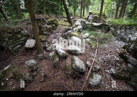 Migliaia di sacchi di cemento fossilizzati presso il deposito di materiali edili vicino al complesso Wlodarz del progetto Riese a Gluszyca, Polonia. Nel 1943 la Germania nazista Foto Stock