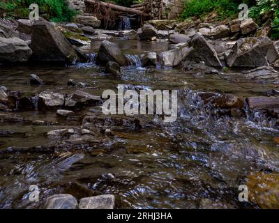 Piccolo fiume che scorre rapidamente e vividamente attraverso la sua valle rocciosa selvaggia Foto Stock