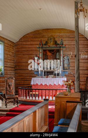 Interno della Stave Church of Flakstad, Isole Lofoten, Norvegia Foto Stock