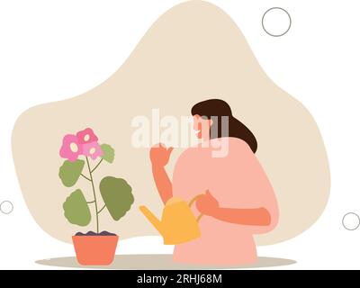 Donna giardiniera che si prende cura delle piante da casa. Illustrazione vettoriale di hobby per il giardino domestico. Illustrazione Vettoriale