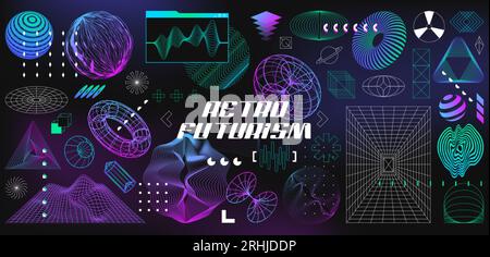 Set retrofuturistico di forme cibernetiche. Astrarre gli oggetti geometrici della struttura a reticolo 3d dalla griglia lineare. Figure geometriche in stile vaporwave. Elementi di progettazione nella vista prospettica. Illustrazione del profilo vettoriale. Illustrazione Vettoriale