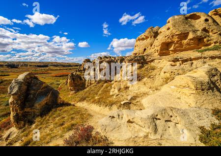 Un sentiero escursionistico conduce oltre le ripide scogliere di arenaria giù nella valle del Milk River nel Writing-on-Stone Provincial Park Foto Stock