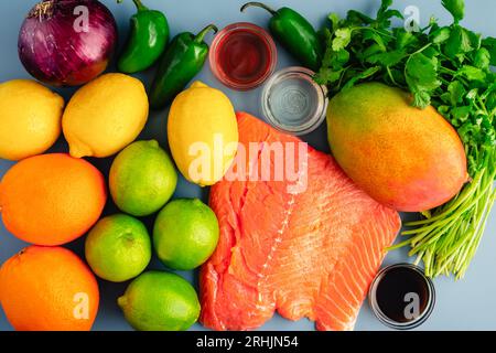 Ceviche di salmone con ingredienti di mango su sfondo blu: Filetto di salmone, agrumi e altri ingredienti per un antipasto ceviche tropicale Foto Stock