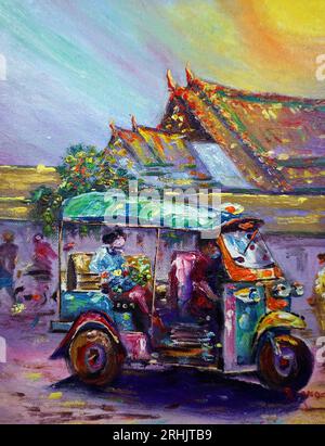 Pittura d'arte tuk tuk tuk color olio in Tailandia, terra di sorrisi del siam Foto Stock