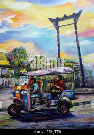 Pittura d'arte tuk tuk tuk color olio in Tailandia, terra di sorrisi del siam Foto Stock