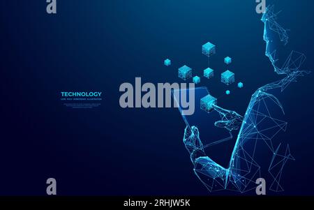 Un uomo d'affari astratto ha in mano un tablet con un ologramma blockchain. Illustrazione Vettoriale