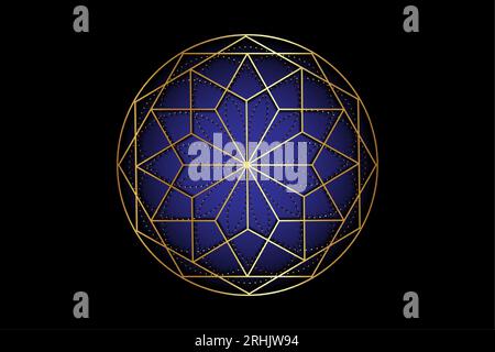 Mandala d'oro di antica geometria sacra. Simboli Chakra, Ajna, colore blu scuro, Chakra del terzo occhio. Alchimia, religione, filosofia, spiritualità. Illustrazione Vettoriale