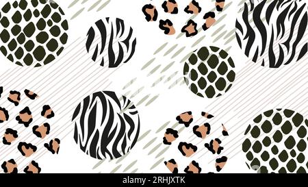 Sfondo geometrico astratto di pellicce animali e motivi della pelle. Moderno stile patchwork. Collage di zebre, serpenti, leopardi in cerchi. Vettore. F Illustrazione Vettoriale