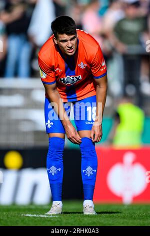 Homburg, Germania. 14 agosto 2023. Calcio: DFB Cup, FC Homburg - Darmstadt 98, 1° turno, Waldstadion. Mathias Honsak di Darmstadt reagisce nel gioco. Credito: Tom Weller/dpa - NOTA IMPORTANTE: conformemente ai requisiti della DFL Deutsche Fußball Liga e della DFB Deutscher Fußball-Bund, è vietato utilizzare o far utilizzare fotografie scattate nello stadio e/o della partita sotto forma di immagini di sequenza e/o serie di foto simili a video./dpa/Alamy Live News Foto Stock