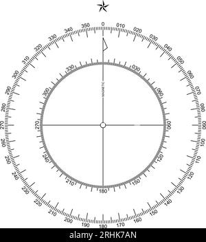 Vettore della scala della bussola. Scala interna ed esterna. Compass Rose a nord. Simbolo di navigazione marina, nautica, trekking. Utilizzabile in una mappa geografica. Illustrazione Vettoriale