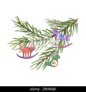 Ramo dell'albero di Natale decorato con giocattoli dell'albero di Natale. Gatto, uccello, cavallo. Decorazioni in legno per bambini su Spruce Branch. Illustrazione acquerello Foto Stock