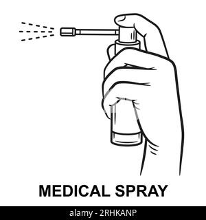 Flacone spray medico per gola in mano, icona linea dispenser spray spruzzi. Farmaco liquido per l'igiene orale. Pharmacy Antiseptic.Vector Illustrazione Vettoriale