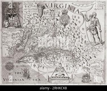 Mappa della Virginia. "Virginia soffocata e descritta da Captayn John Smith". Inciso da William Hole. Datato sulla mappa 1606. Foto Stock