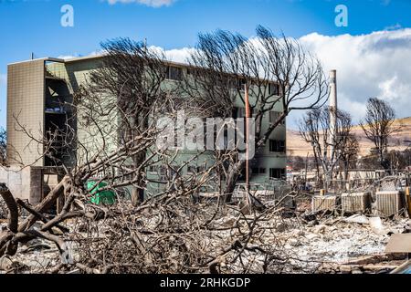 Lahaina, Stati Uniti. 16 agosto 2023. I resti bruciati di un condominio a seguito di incendi che hanno travolto la Maui occidentale, il 16 agosto 2023 a Lahaina, Maui, Hawaii. Gli incendi alimentati da forti venti uccisero almeno 100 persone e distrussero migliaia di case sull'isola. Credito: SSgt. Matthew Foster/U.S. National Guard/Alamy Live News Foto Stock