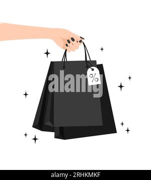 Una mano femminile con una manicure nera che regge confezioni nere su sfondo bianco. Black friday. Illustrazione del vettore piatto Illustrazione Vettoriale