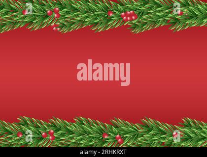 Sfondo con rami di alberi di Natale dall'aspetto realistico decorati con bacche e rami di alberi di Natale. Banner natalizio. Vettore Illustrazione Vettoriale