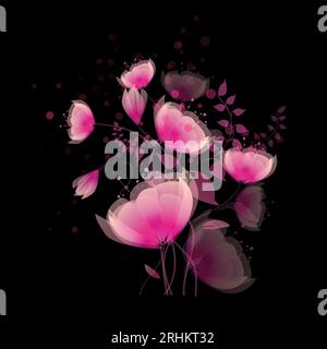 Fiori magici rosa su sfondo nero. Illustrazione vettoriale Illustrazione Vettoriale