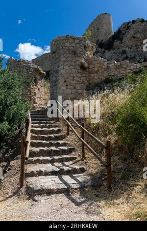 Europa, Spagna, Castiglia e León, Poza de la Sal, i gradini fino al castello di Rojas Foto Stock