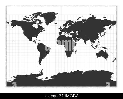 Mappa vettoriale del mondo. Proiezione cilindrica Miller. Mappa geografica del mondo pianeggiante con linee di latitudine e longitudine. Centrato a 0 gradi di longitudine. Vettore il Illustrazione Vettoriale