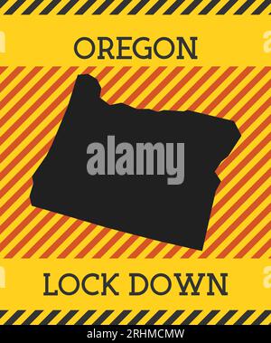 Cartello Oregon Lock Down. Icona gialla di pericolo pandemico dello stato degli Stati Uniti. Illustrazione vettoriale. Illustrazione Vettoriale