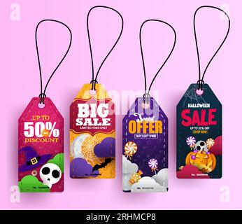 Offerta tag Halloween design del set vettoriale. Collezione di etichette e adesivi per biglietti sconto Halloween per uno sconto sugli acquisti. Vettore Illustrazione Vettoriale