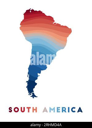 Mappa del Sud America. Mappa del continente con bellissime onde geometriche in rosso e blu. Forma vivida del Sud America. Illustrazione vettoriale. Illustrazione Vettoriale