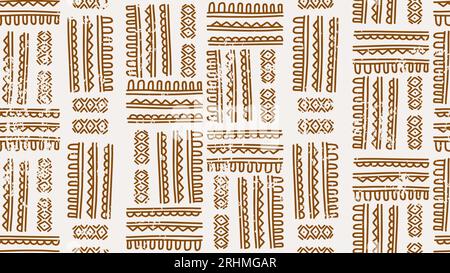Motivo a strisce africane senza cuciture, marrone vettoriale disegnato a mano su sfondo bianco, struttura decorata con vecchi ornamenti. Illustrazione Vettoriale