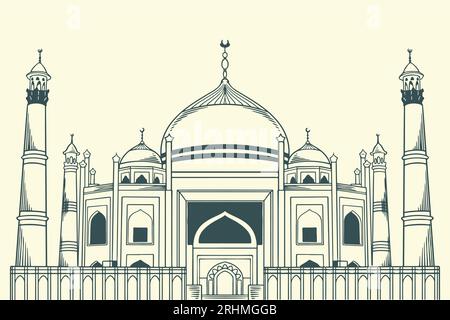 Famoso edificio islamico disegnato a mano della Moschea Siddiqa Fatima Az Zahra. Illustrazione Vettoriale