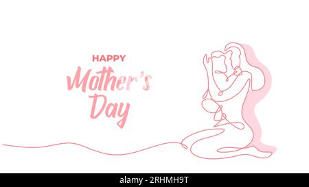 Scheda vettoriale banner per la festa della mamma. Disegno continuo a una riga. Madre che tiene in braccio il bambino. Illustrazione vettoriale di celebrazione del testo della festa della mamma. Illustrazione Vettoriale