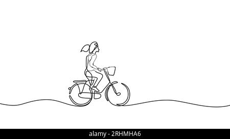 Una linea che disegna una ragazza che va in bicicletta. Tempo in bicicletta e in bicicletta con un allegro e continuo minimalismo minimalista disegnato a mano e un'illustrazione vettoriale. Illustrazione Vettoriale