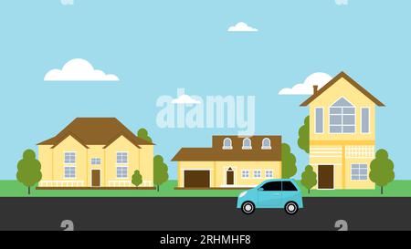 Il quartiere periferico ospita paesaggi e decorazioni vettoriali per piccole città. Illustrazione Vettoriale