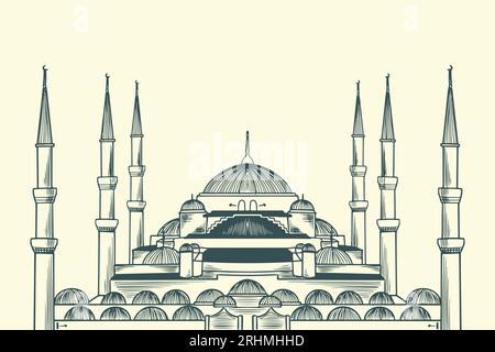 Disegno a mano dell'edificio islamico del sultano Ahmed, la moschea blu. Illustrazione Vettoriale