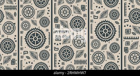 Disegno di forme geometriche tribali africane astratte, antichi simboli etnici tradizionali e segni ornati con motivi batik decorativi, disegnati a mano Illustrazione Vettoriale