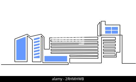 Disegna a mano una singola linea continua di città moderna isolata su sfondo bianco. Illustrazione Vettoriale