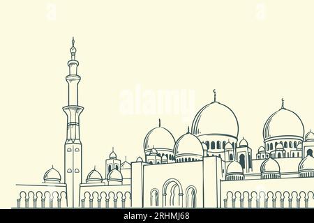 Disegno a mano del famoso edificio islamico della Moschea dello sceicco Zayed. Illustrazione Vettoriale