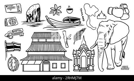 Viaggia in Thailandia con le icone del set di doodle. Disegnare a mano uno schizzo degli oggetti. Barca a vela, elefante e antica destinazione pagoda. Edificio architettonico in ea Illustrazione Vettoriale