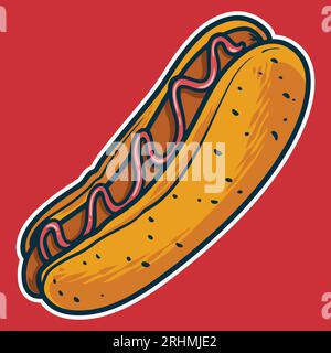 Hot Dog - illustrazione vettoriale colorata in stile cartone animato. Concetto di icona del fast food isolato. Illustrazione Vettoriale