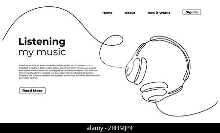 Illustrazione vettoriale minimalista con disegno a linea singola delle cuffie e disegno continuo a mano. Gadget per ascoltare musica, modello di landing page per gli animatori Illustrazione Vettoriale